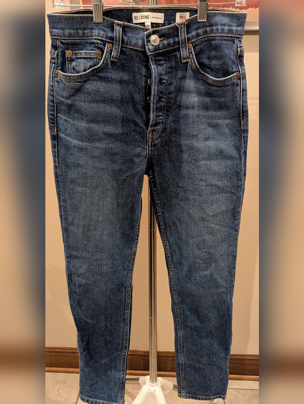 RE/DONE Originals Slim Skinny Button Fly Jeans Dark Wash Size 28 $48